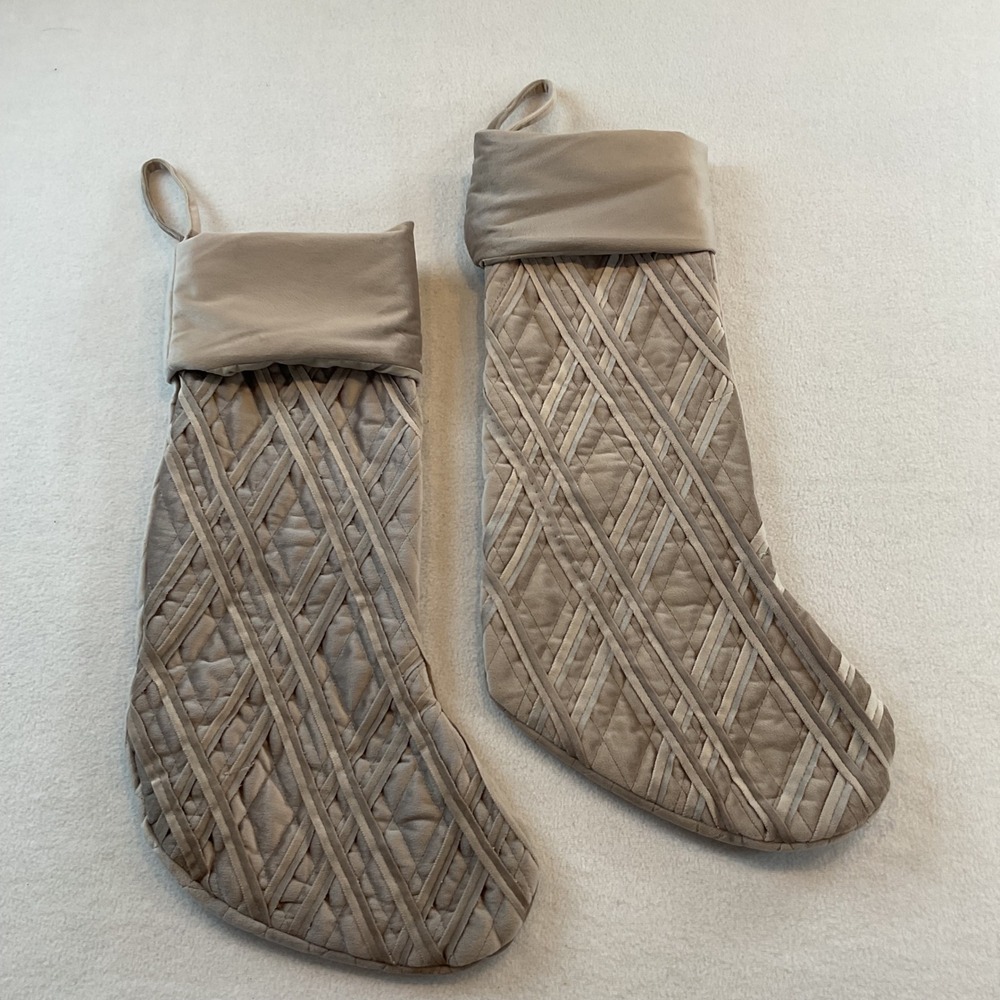 Tahari Home Set of 2 Taupe Quilted Lattice Velvet Christmas Stockings